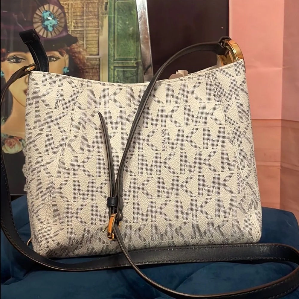 Michael Kors Navy Blue and Gray Monogram Shoulder Bag